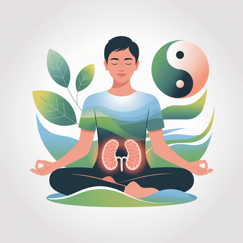 Flat-style digital illustration depicting chronic stress and adrenal health, with visual metaphors like exhausted adrenal glands, energy depletion, and rejuvenation techniques.