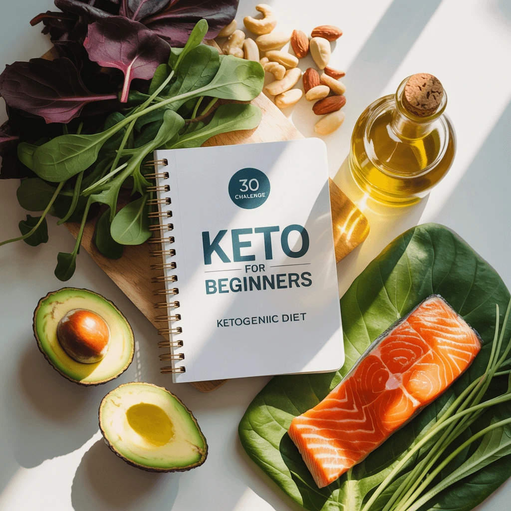 Keto diet beginner's meal prep with avocado, salmon, greens, nuts and olive oil on white background