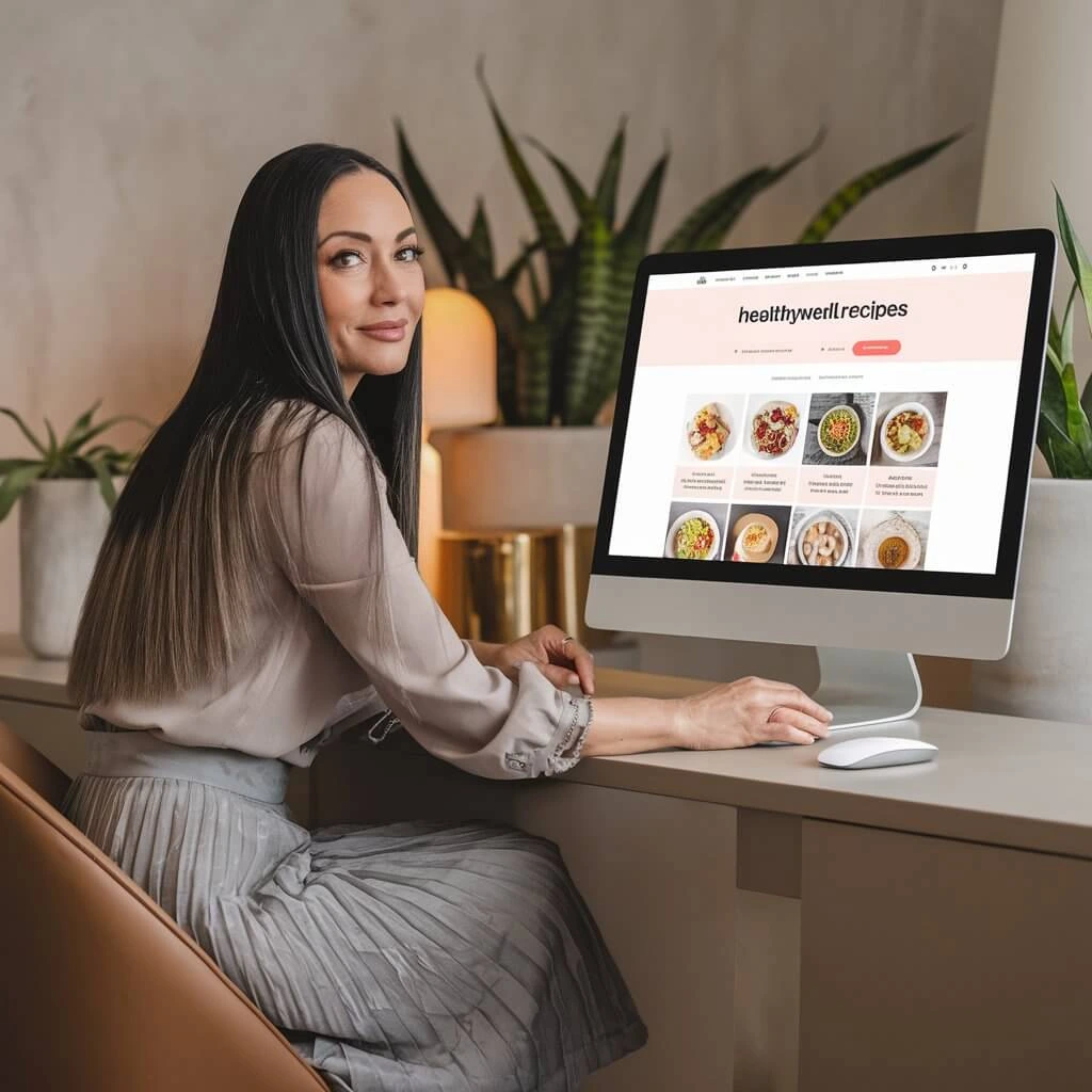 Wellness coach smiling at her laptop while curating the best healthy recipes on HealthyWellRecipes.com, surrounded by fresh organic ingredients like leafy greens, avocados, and colorful vegetables. A modern kitchen background emphasizes wholesome cooking and nutrition.