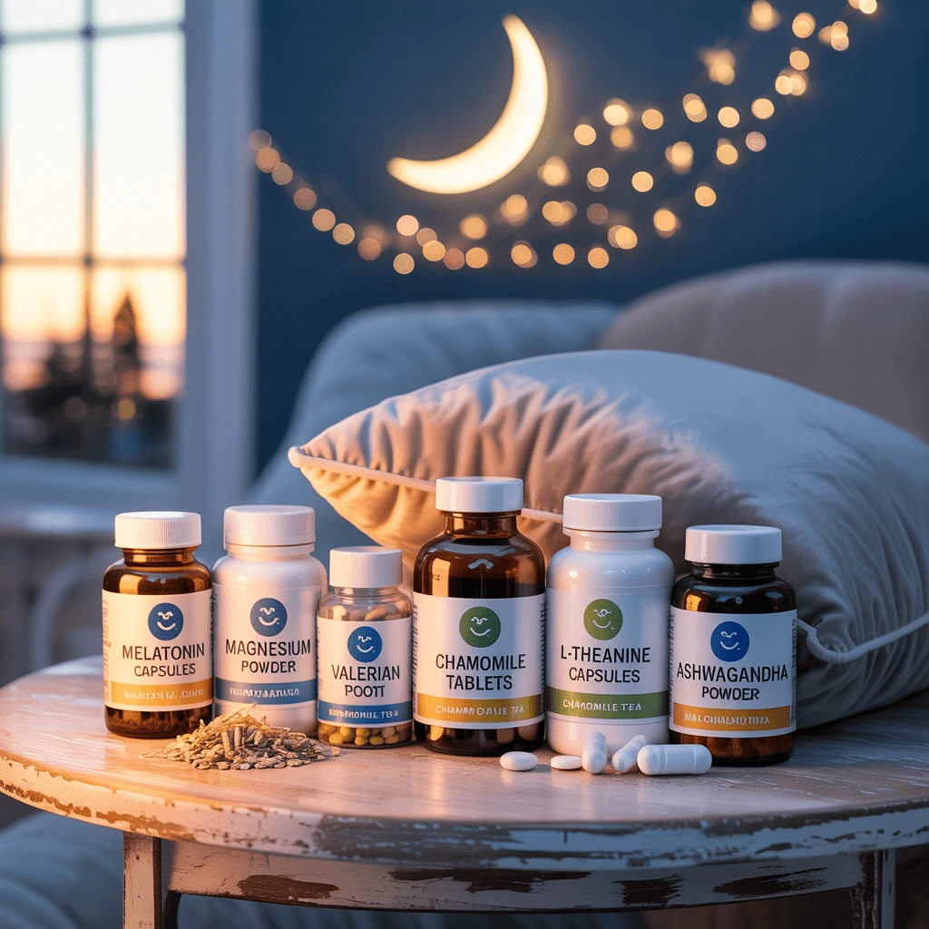 6 Best Natural Sleep Supplements for better sleep – herbal tea, lavender, capsules, and tablets arranged on a wooden table with “Good Night