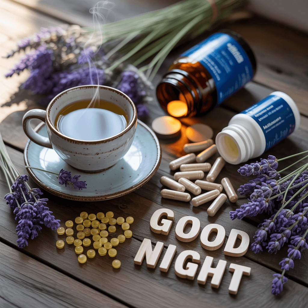 6 Best Natural Sleep Supplements for better sleep – herbal tea, lavender, capsules, and tablets arranged on a wooden table with “Good Night