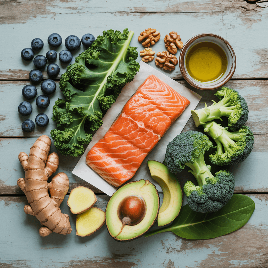 Assorted anti-inflammatory foods including salmon, avocado, ginger, kale, blueberries, broccoli, walnuts, and olive oil arranged on a rustic wooden surface.