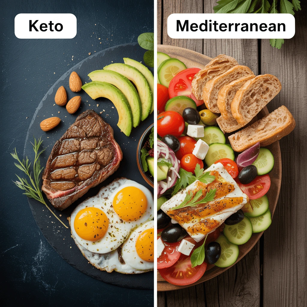 Visual comparison of Keto vs Mediterranean diet with foods like steak, avocado, Greek salad