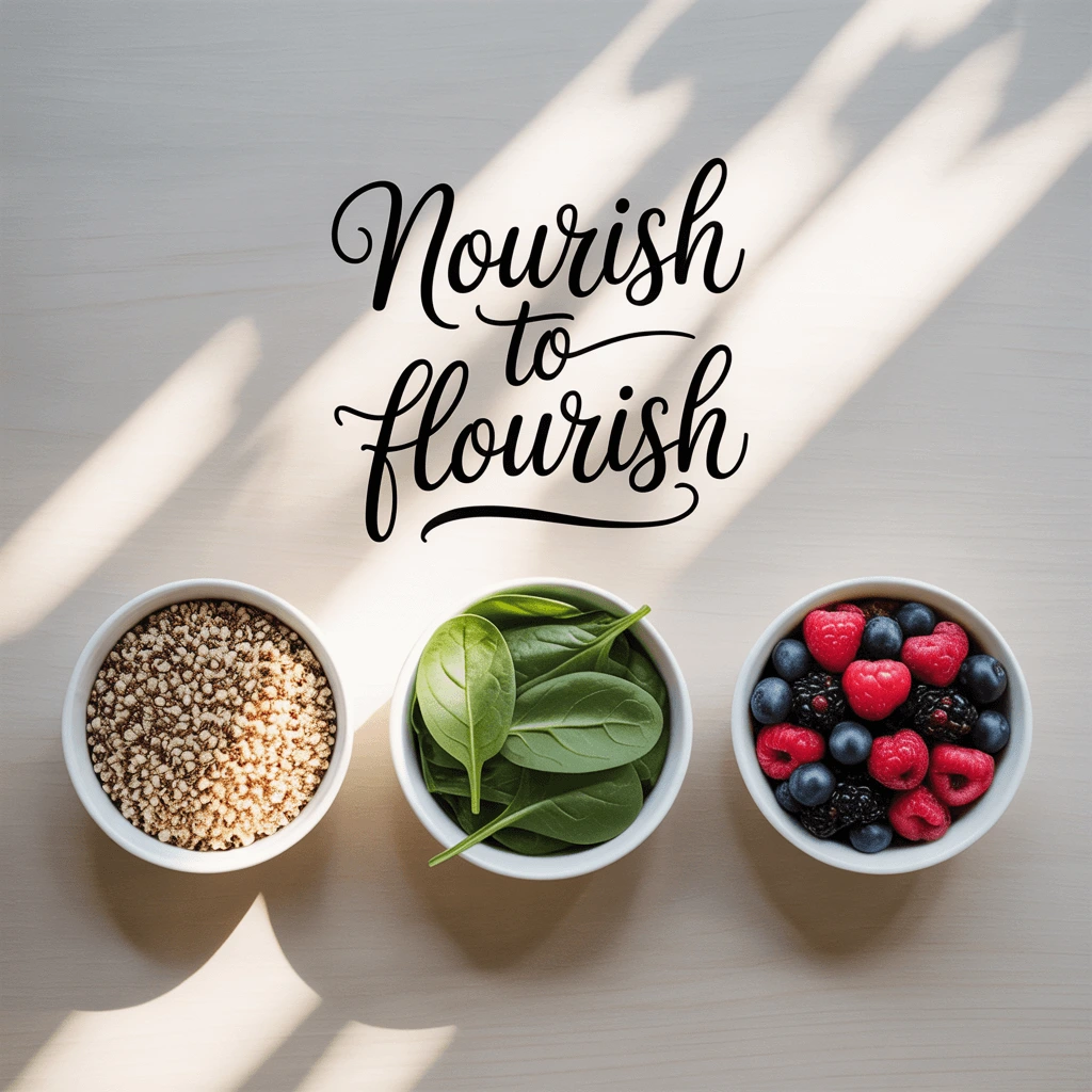 Three bowls with grains, fresh spinach, and mixed berries on a table with sunlight, symbolizing healthy eating and the concept nourish-to-flourish.