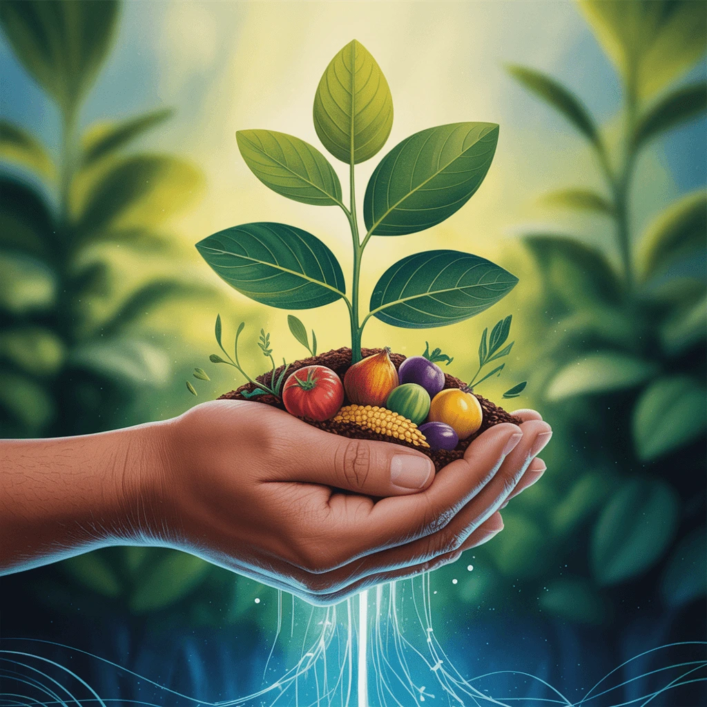 Hands holding soil with a young plant and colorful vegetables symbolizing health and growth – nourish-to-flourish concept