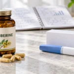 Berberine and Ozempic illustration showing a berberine capsule bottle beside a blue-and-white injection pen.