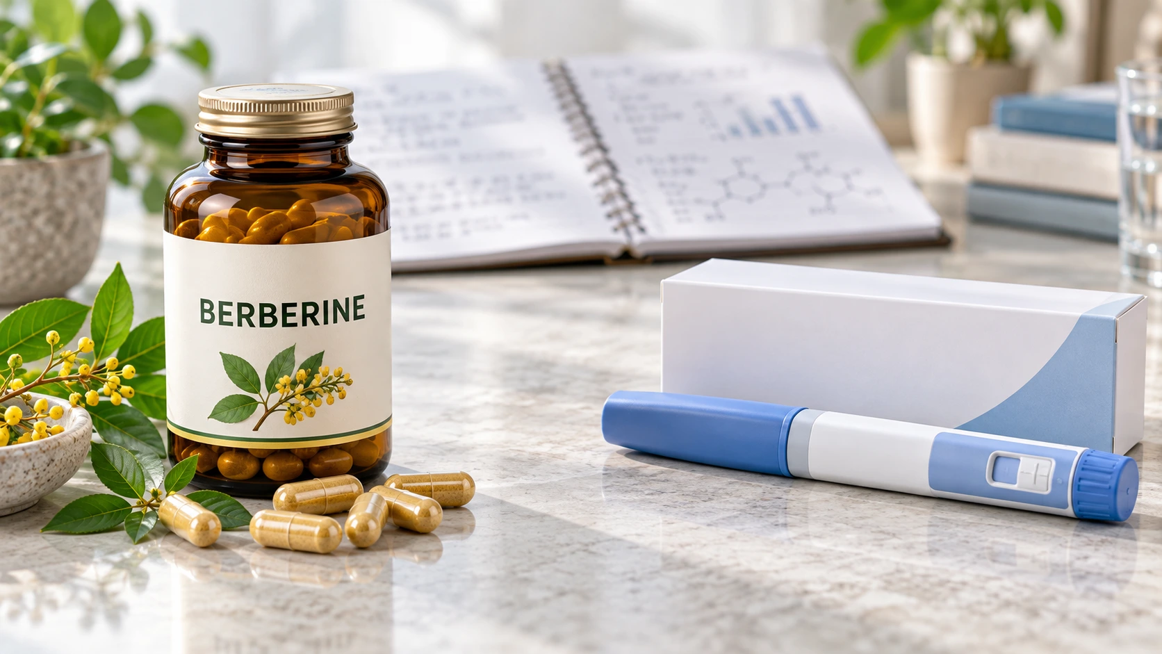 Berberine and Ozempic illustration showing a berberine capsule bottle beside a blue-and-white injection pen.