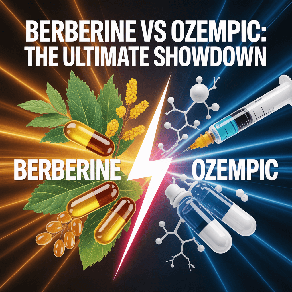 Visual comparison graphic for berberine vs ozempic showdown, highlighting natural supplement versus prescription medication for weight loss and diabetes management