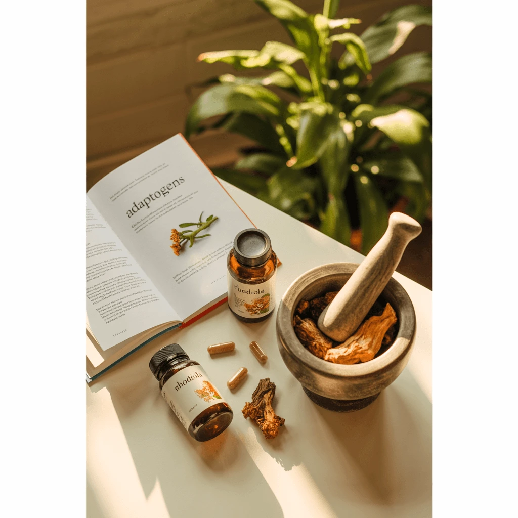 Golden Rhodiola Rosea root and capsules on marble, showcasing natural adaptogen supplement for stress relief and energy.