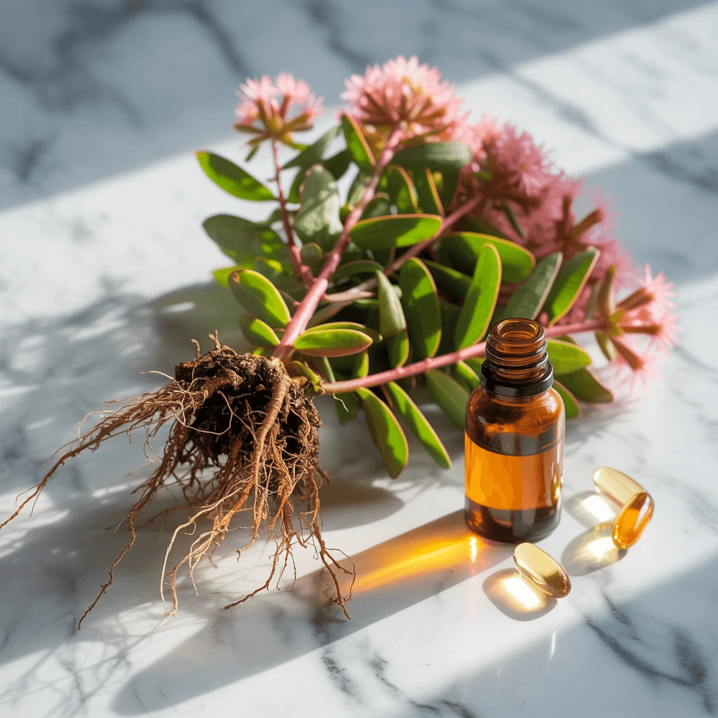 Rhodiola Rosea benefits illustration showing the adaptogen's root, capsules, and tincture for natural energy and stress relief supplement dosage
