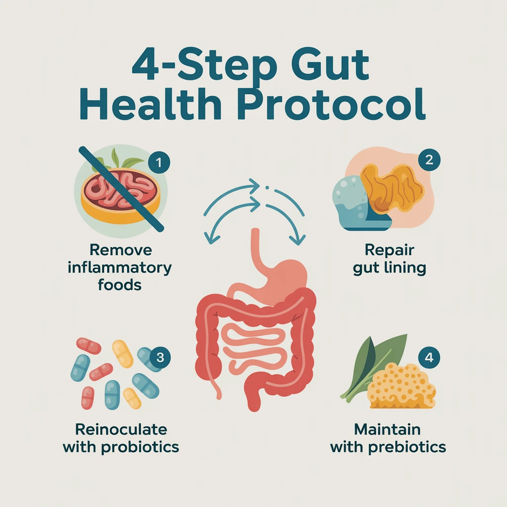 4-step gut health protocol infographic showing remove inflammatory foods, repair gut lining, reinoculate with probiotics, and maintain with prebiotics