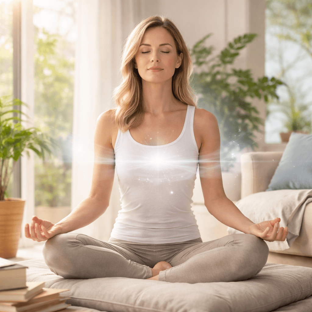 Woman meditating calmly in a sunlit living room, symbolizing natural ways to calm the nervous system through mindfulness and deep breathing.