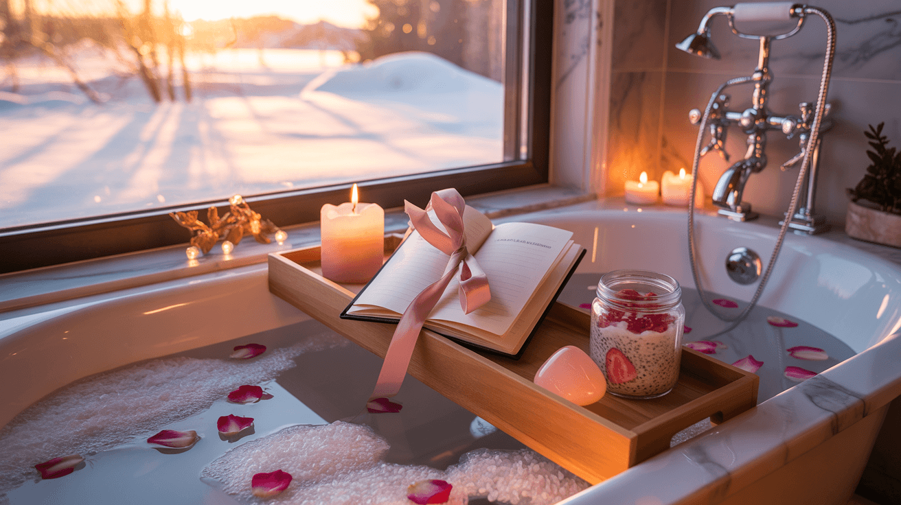 Cozy self-love Valentine's Day rituals bathroom setup with pink rose petal bubble bath, gratitude journal, heart-shaped chia pudding, rose quartz crystal, and flickering candle for ultimate wellness relaxation