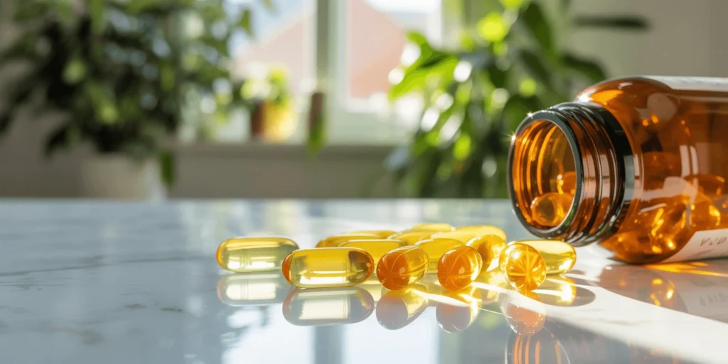 Vitamin D3 and K2 supplement capsules spilled from an amber bottle on a bright countertop with natural light and green plants in the background.