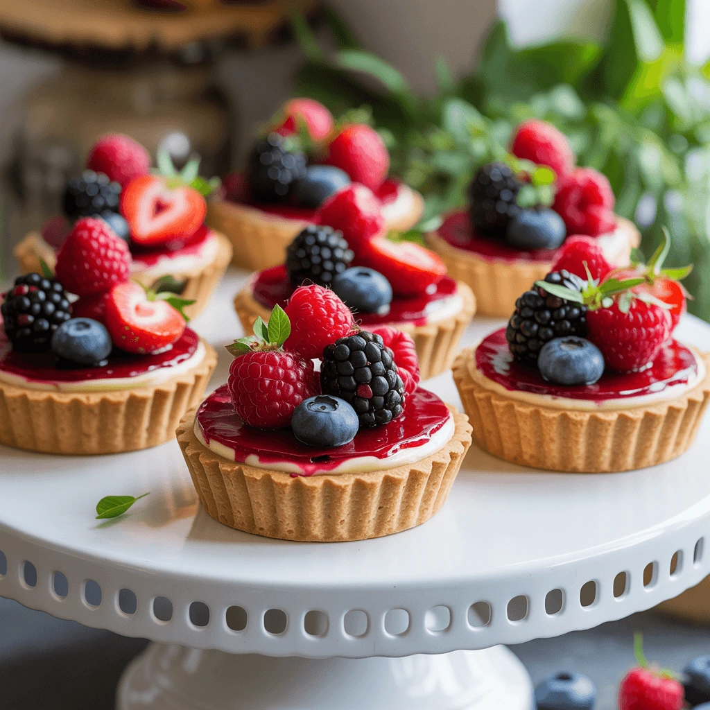 Photorealistic top view of gluten-free dairy-free berry tartlets on a white cake stand, featuring a golden almond flour crust, shiny coconut pastry cream filling, and topped with vibrant fresh raspberries, strawberries, blueberries, and blackberries coated in a glossy jam glaze, soft natural light, summer kitchen background.