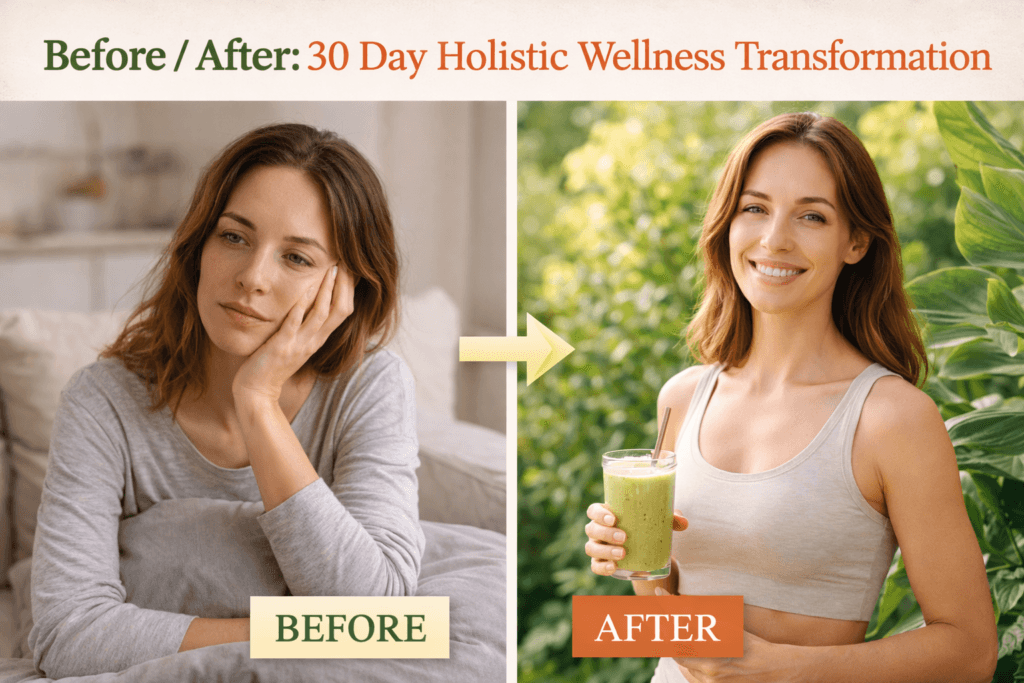 Before and after 30-day holistic wellness transformation showing a tired woman indoors versus a healthy, glowing woman outdoors holding a green smoothie.