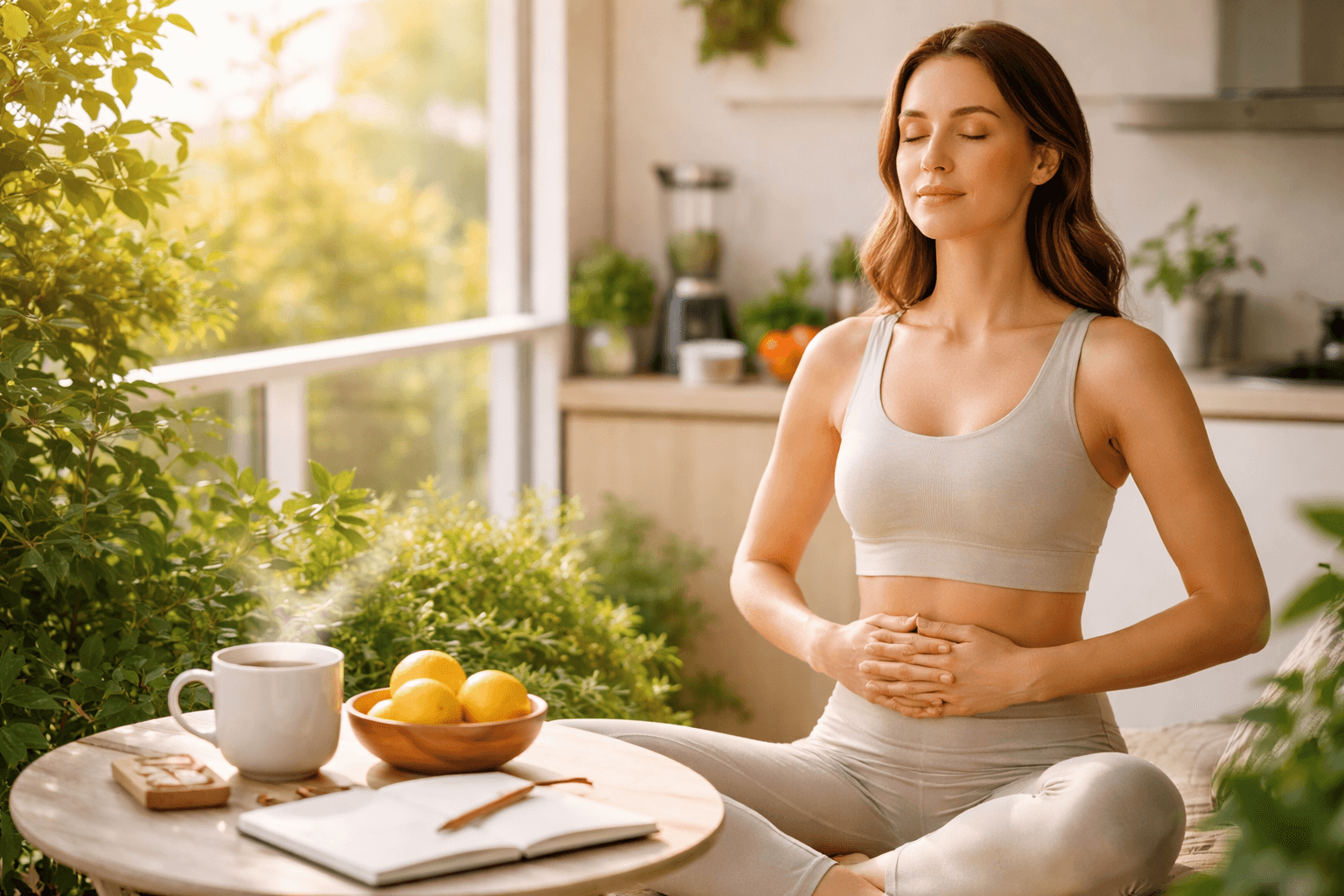 Serene woman in 30s doing 4-7-8 breathwork on sunlit balcony with lemon water, herbal tea, journal, and smoothie bowl ingredients for daily holistic wellness habits (2026)
