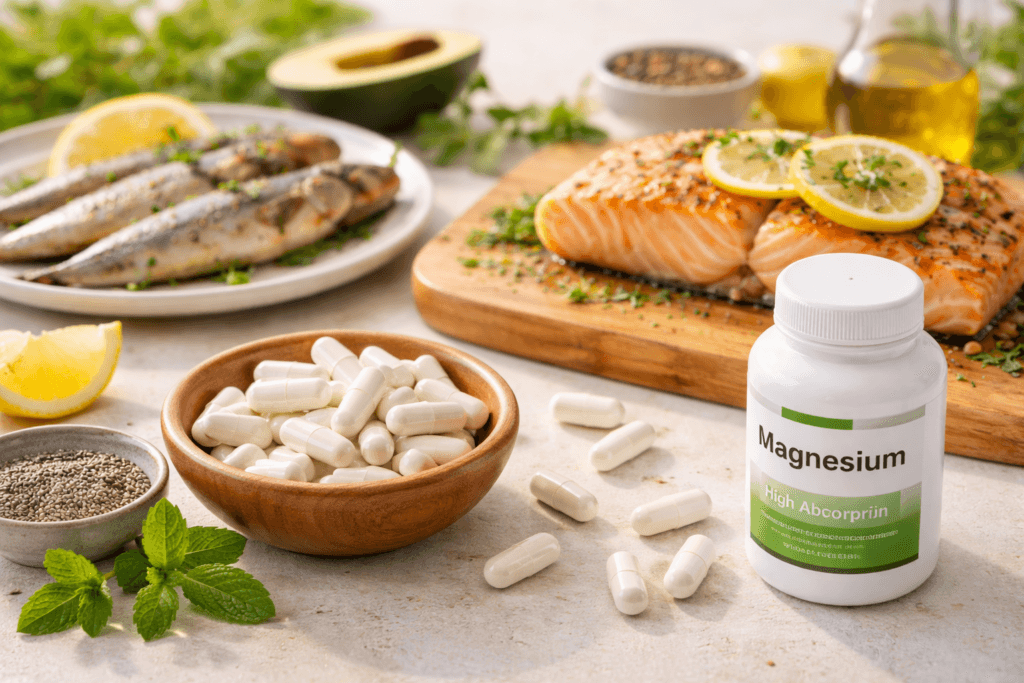 Magnesium capsules with fatty fish rich in omega-3 on a clean surface, supporting brain health, mood balance, and overall wellness.