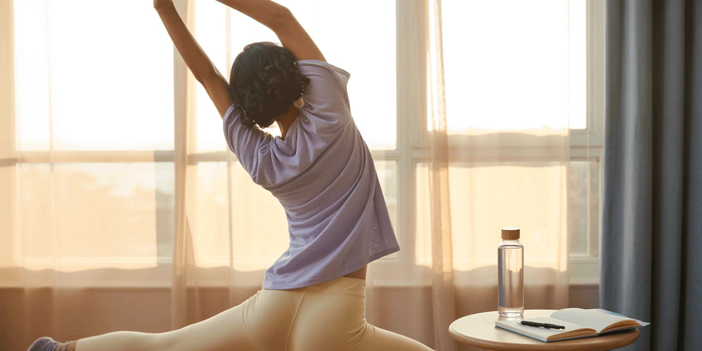 Woman practicing deep breathing in a cozy room, self‑care routine for anxiety and burnout