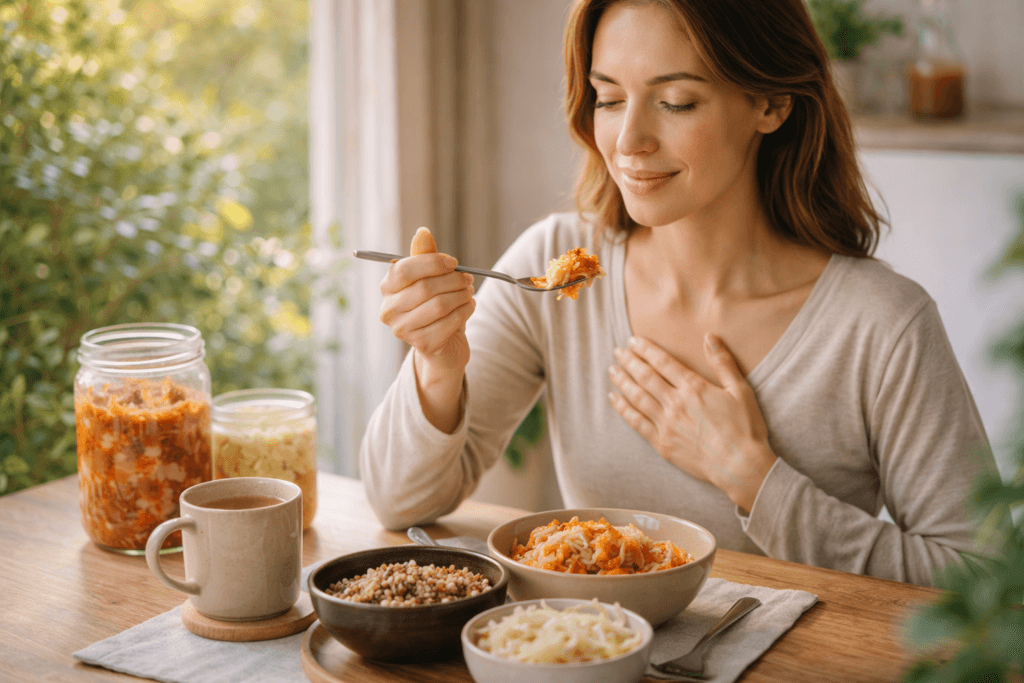 Woman mindfully eating kimchi with fermented foods for gut health and digestion balance.