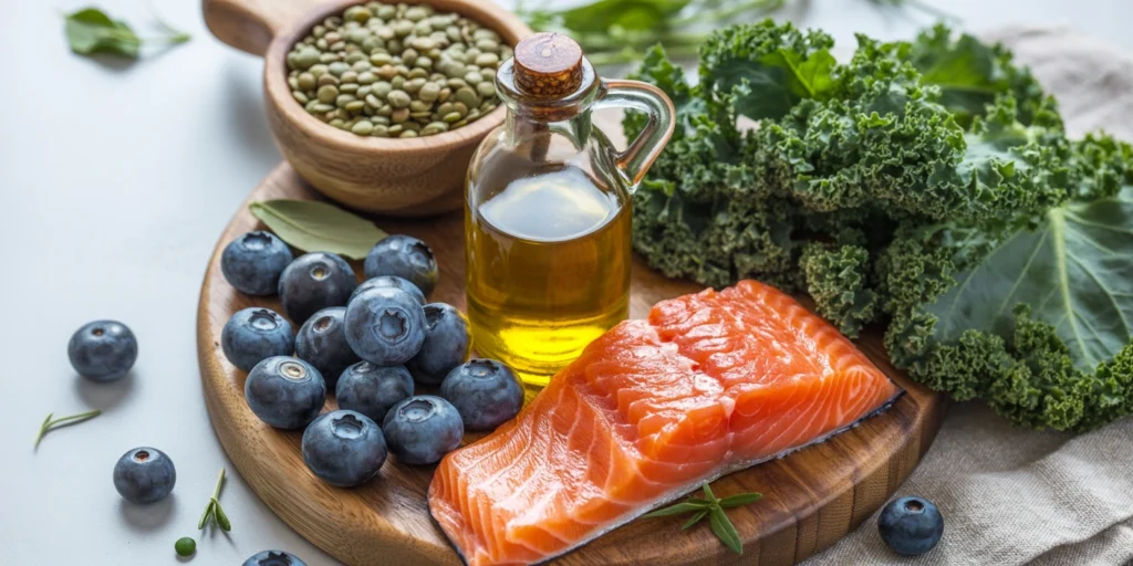 Infographic of top 5 healthiest foods to eat daily: olive oil (longevity +15%, 2 tbsp), blueberries (memory +25%, 1 cup), wild salmon (heart risk -25%, 4 oz), kale (calcium 180mg/cup, 2 cups), lentils (18g protein/cup, ½ cup).