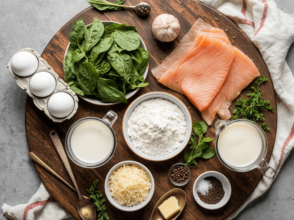 Ingredients for spinach ricotta crepes on a wooden board