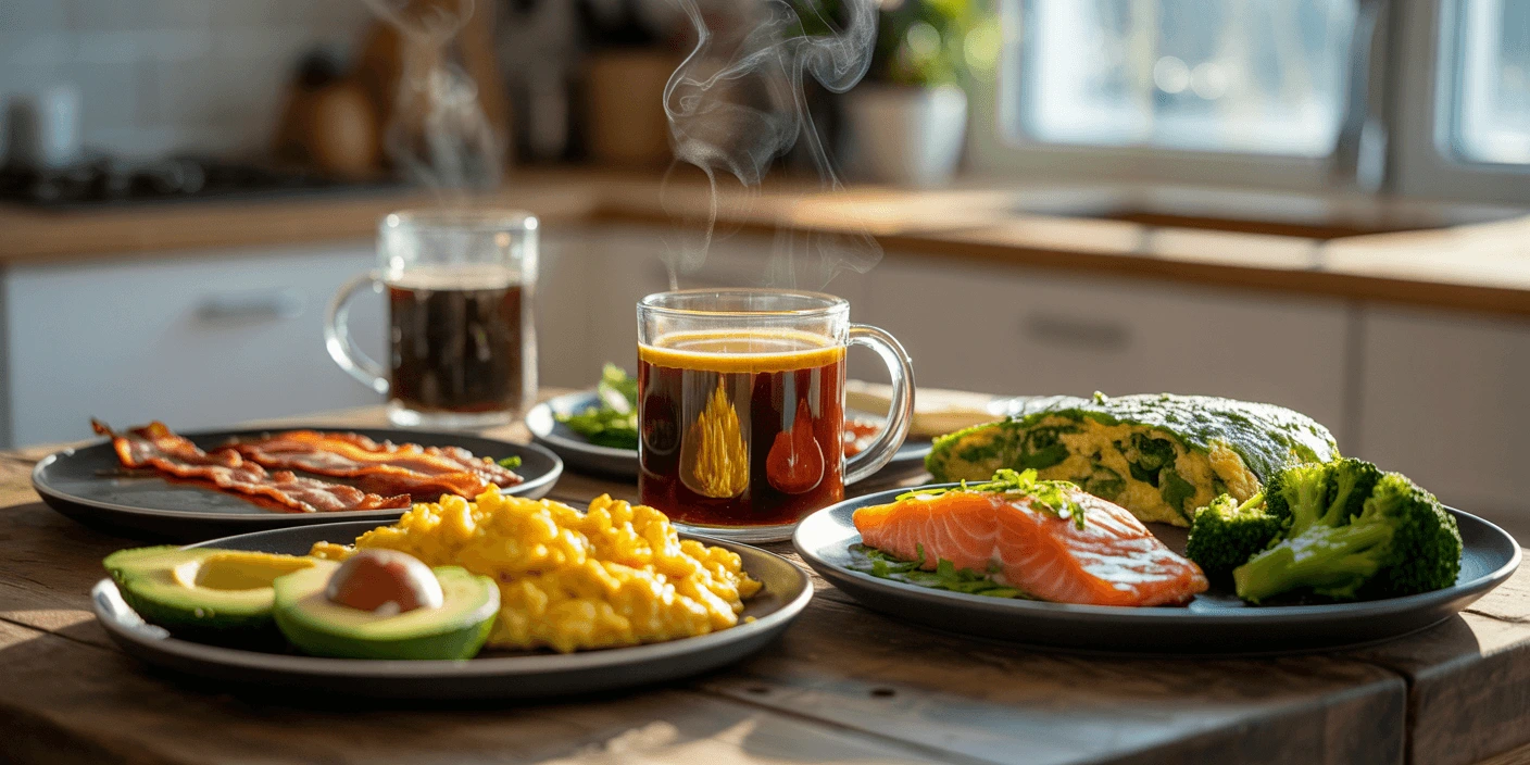 Keto diet for beginners meal spread: golden scrambled eggs with creamy avocado slices, crispy bacon strips, fresh salmon fillet with steamed broccoli, spinach omelet on wooden table. Perfect 14-day keto diet for beginners inspiration, professional food photography, 2026 keto transformation