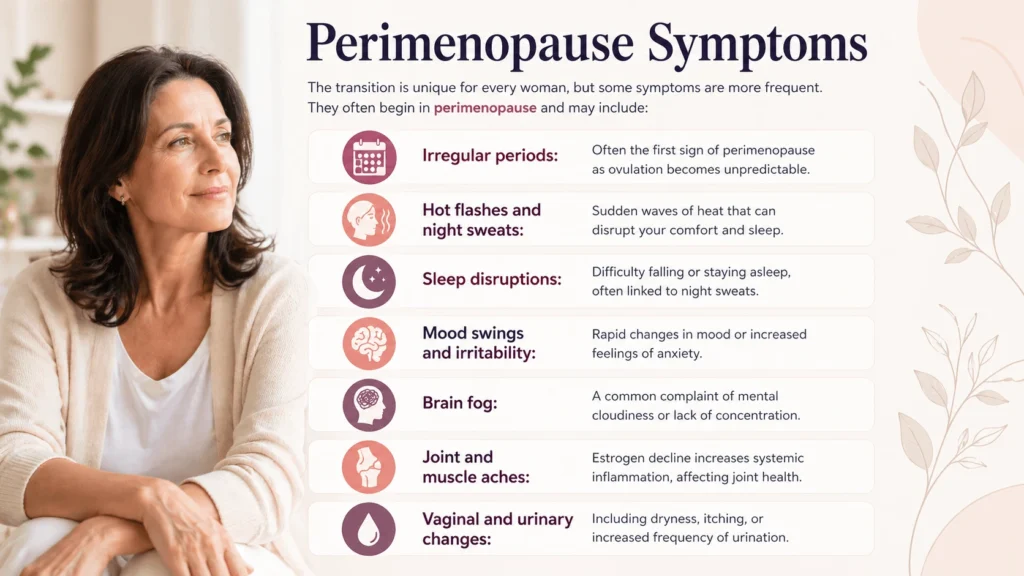 Menopause symptoms and diagnosis infographic showing irregular periods, hot flashes, sleep issues, mood swings, brain fog, joint pain, and vaginal changes in women