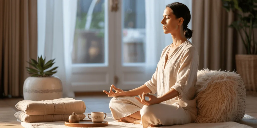 A woman practicing mindfulness to reduce stress with mindfulness in a calm, bright room.