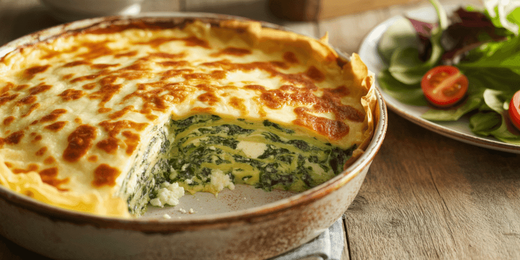 Spinach ricotta crepe gratin with a golden baked top