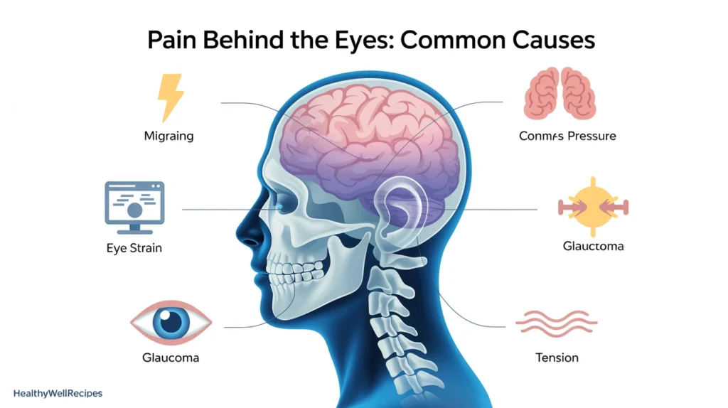 Infographic: causes of pain behind the eyes – migraine, sinus pressure, eye strain, glaucoma, thyroid eye disease, and neck tension.