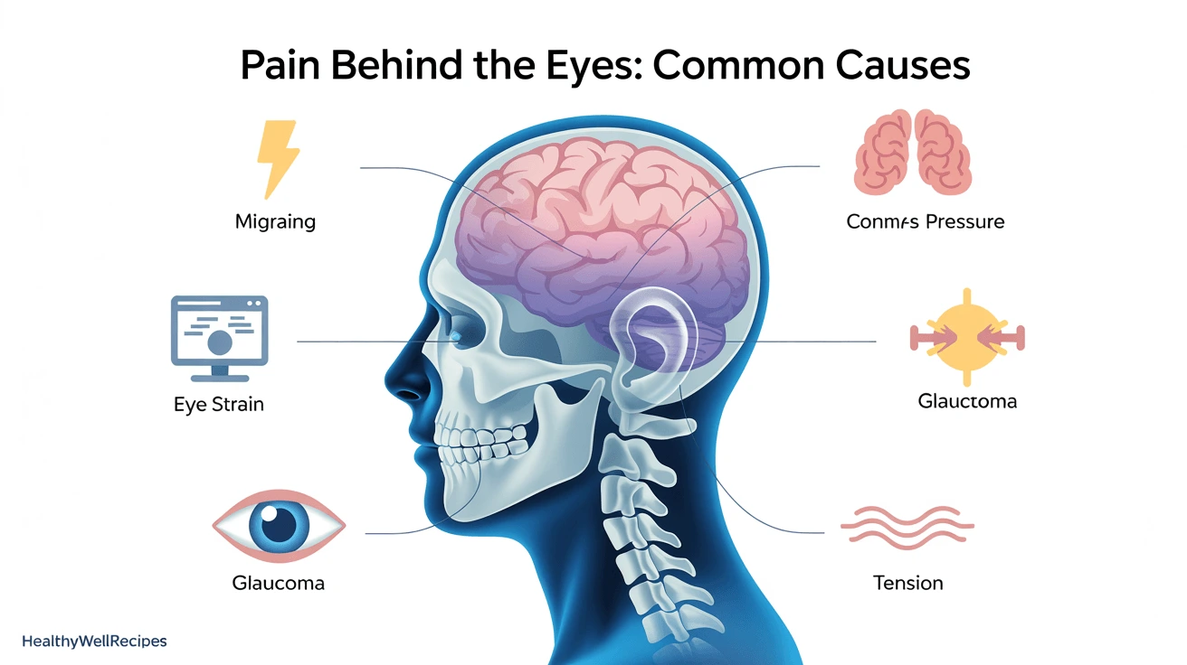 Infographic: causes of pain behind the eyes – migraine, sinus pressure, eye strain, glaucoma, thyroid eye disease, and neck tension.