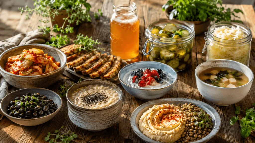 Gut health recipes with fermented foods on a rustic wooden table, including kimchi, miso soup, sauerkraut, yogurt, kombucha, tempeh, pickles, oats, and lentils.