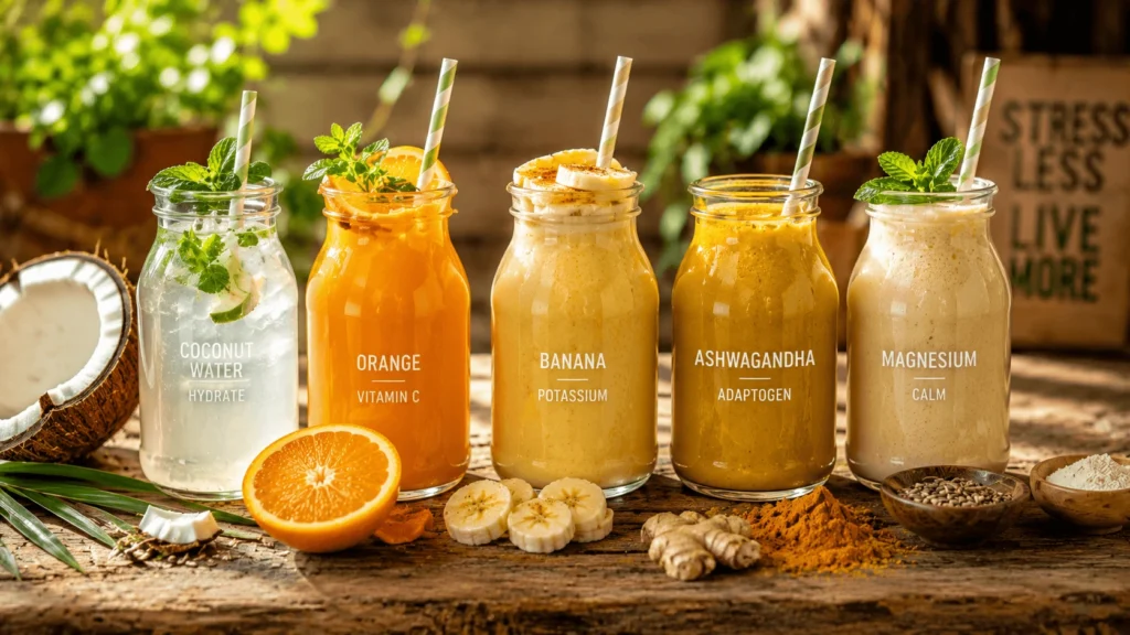 5 adrenal cocktails for stress relief and cortisol balance in colorful glass bottles on a wooden table, including coconut water orange banana ashwagandha magnesium for energy and adrenal health.