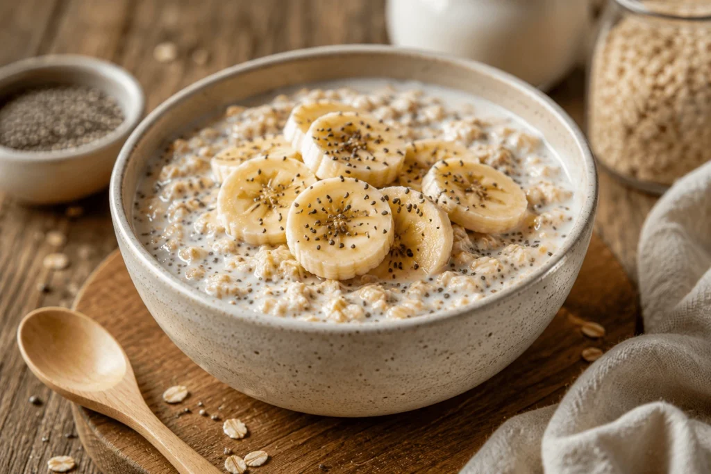 Overnight oats for a 7-day prebiotic meal plan, made with banana and chia seeds in a ceramic bowl for gut health and better digestion.