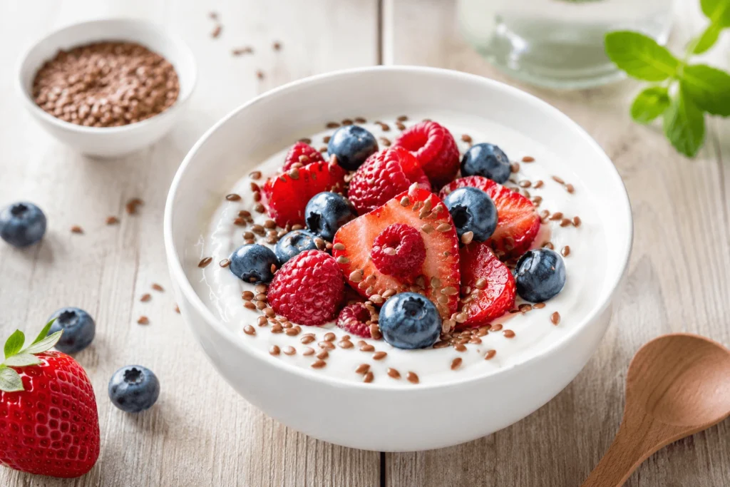 Greek yogurt with berries and flaxseed for a 7-day prebiotic meal plan, a gut-friendly breakfast that supports digestion and microbiome balance.
