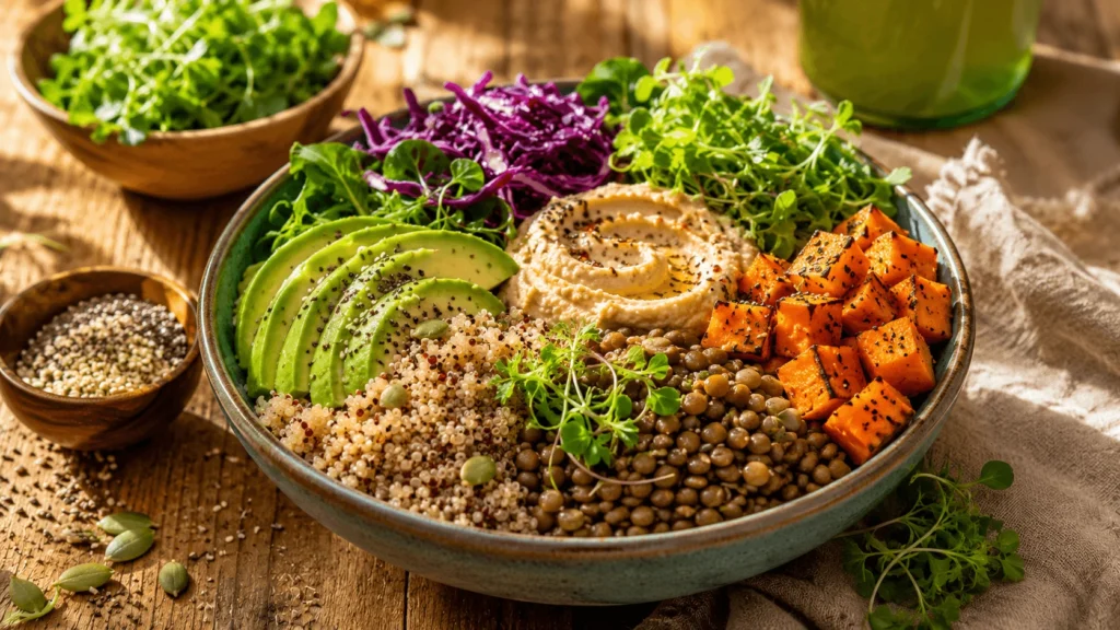Plant-based vegan high-protein bowl with quinoa lentils hummus avocado and greens on a wooden table, vibrant veganuary 2026 recipe for energy and meal prep.