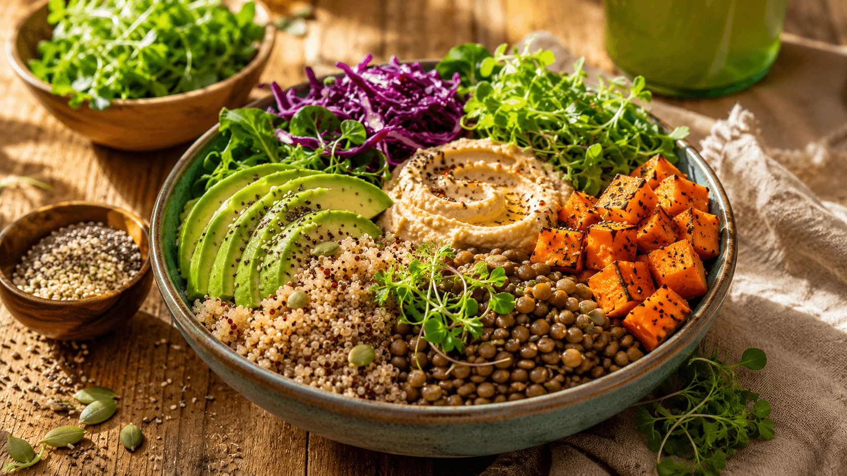 Plant-based vegan high-protein bowl with quinoa lentils hummus avocado and greens on a wooden table, vibrant veganuary 2026 recipe for energy and meal prep.