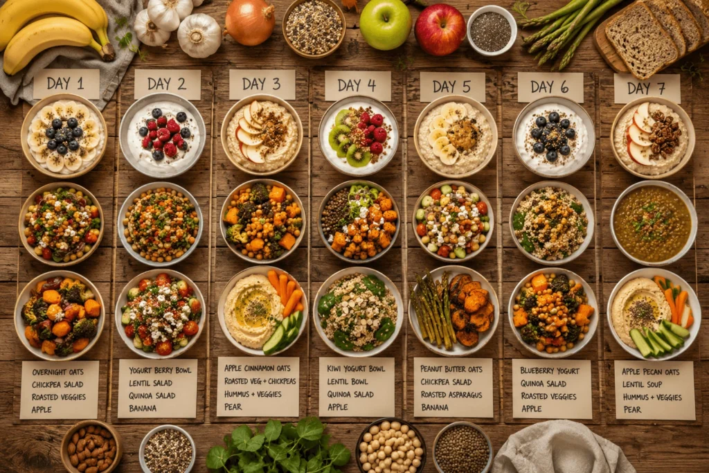 7-day prebiotic meal plan with gut-friendly foods like overnight oats, lentil salad, chickpea bowls, yogurt with berries, and roasted vegetables on a rustic wooden table.