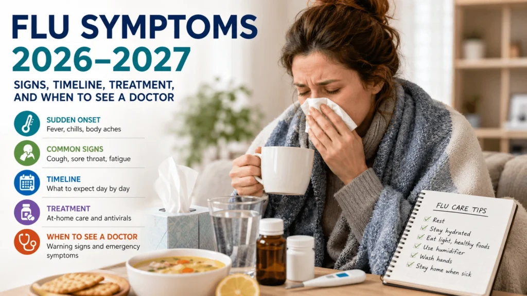 Woman suffering from flu symptoms at home with tissues, thermometer, medicine, soup, and hot tea, illustrating flu symptoms 2026–2027, treatment, recovery, and when to see a doctor.