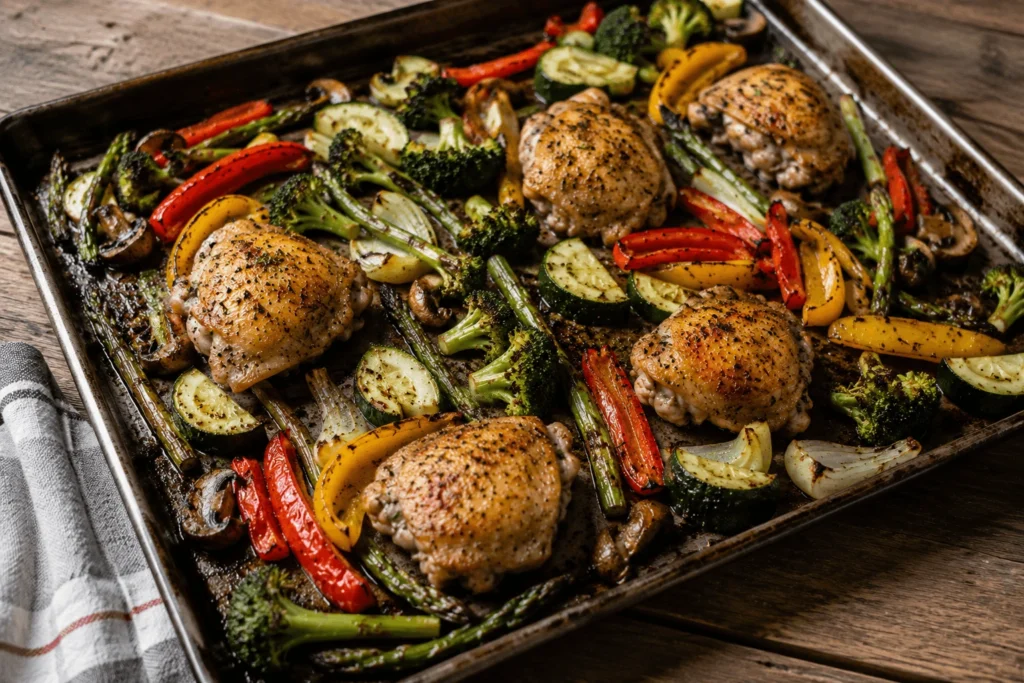 Sheet pan keto chicken and vegetables with roasted chicken thighs, broccoli, zucchini, bell peppers, mushrooms, and asparagus on a rustic baking tray for a healthy low-carb dinner.