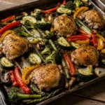 Sheet pan keto chicken and vegetables with roasted chicken thighs, broccoli, zucchini, bell peppers, mushrooms, and asparagus on a rustic baking tray for a healthy low-carb dinner.