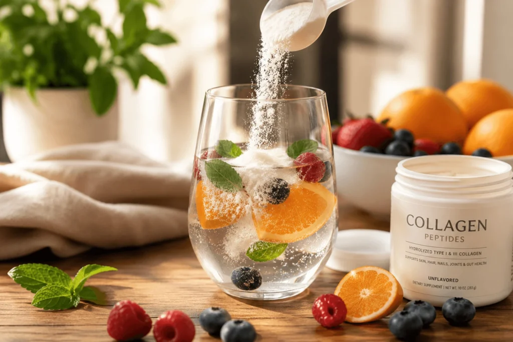 Glass of collagen powder dissolving in water with orange slices - collagen benefits for skin and joints - healthy wellness supplement