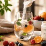 Glass of collagen powder dissolving in water with orange slices - collagen benefits for skin and joints - healthy wellness supplement