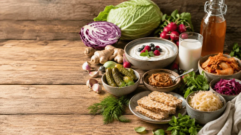 Assorted fermented foods for gut health including yogurt kefir kimchi sauerkraut miso tempeh pickles and kombucha