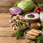 Assorted fermented foods for gut health including yogurt kefir kimchi sauerkraut miso tempeh pickles and kombucha