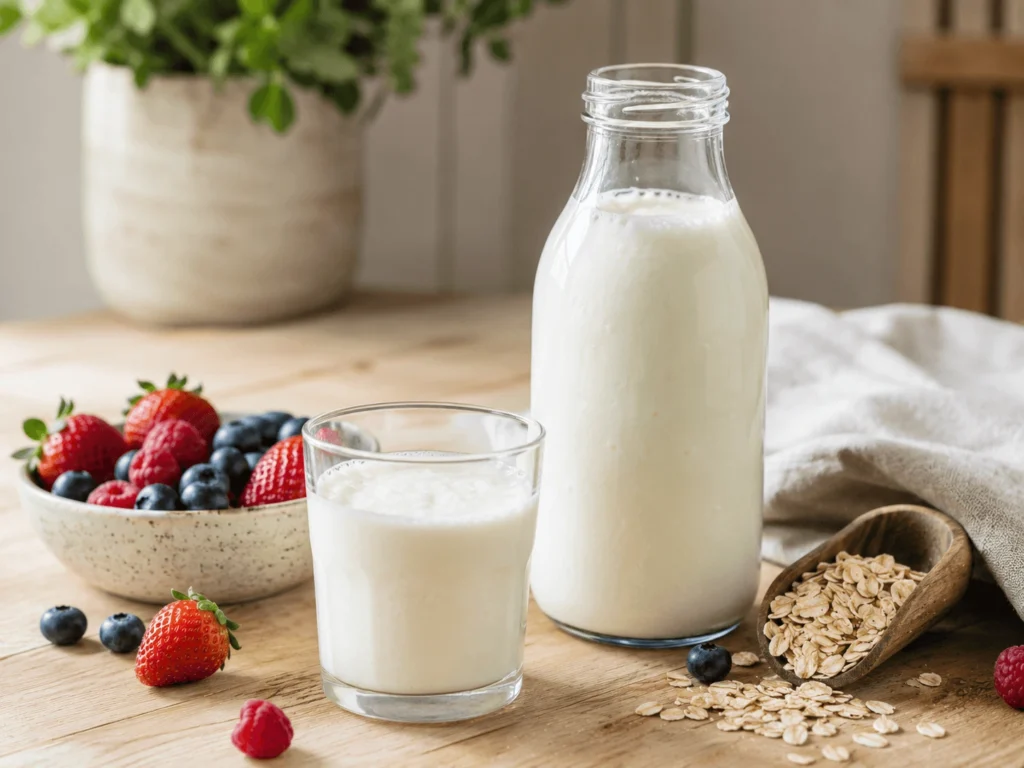 Kefir is a fermented dairy drink with a thinner texture than yogurt. It is made using kefir grains, which contain a mixture of bacteria and yeast.