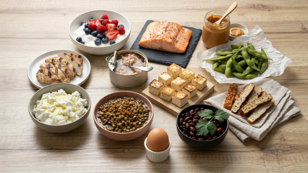 Foods with more protein than an egg, including Greek yogurt, chicken breast, salmon, tuna, tofu, tempeh, lentils, black beans, edamame, cottage cheese, and peanut butter.