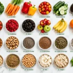 30 plants per week gut health: a colorful flat lay of vegetables, fruits, nuts, seeds, and herbs on a white background.