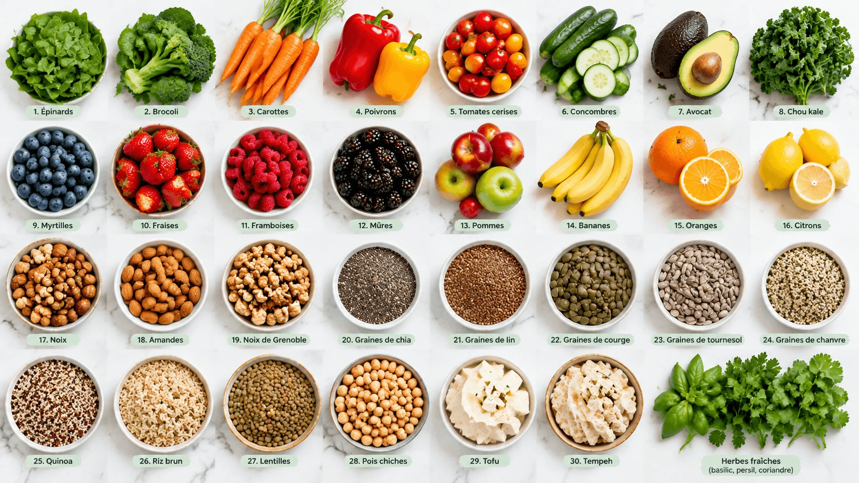 30 plants per week gut health: a colorful flat lay of vegetables, fruits, nuts, seeds, and herbs on a white background.